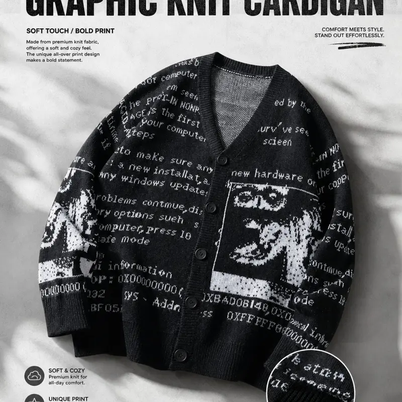 Men's Cartoon Print Crew Neck Sweater, Loose Casual Long Sleeve Top, Knitted, Perfect for Spring & Fall, Fashion Knitwear for Daily Wear, Menswear, Knit Sweater Clothing