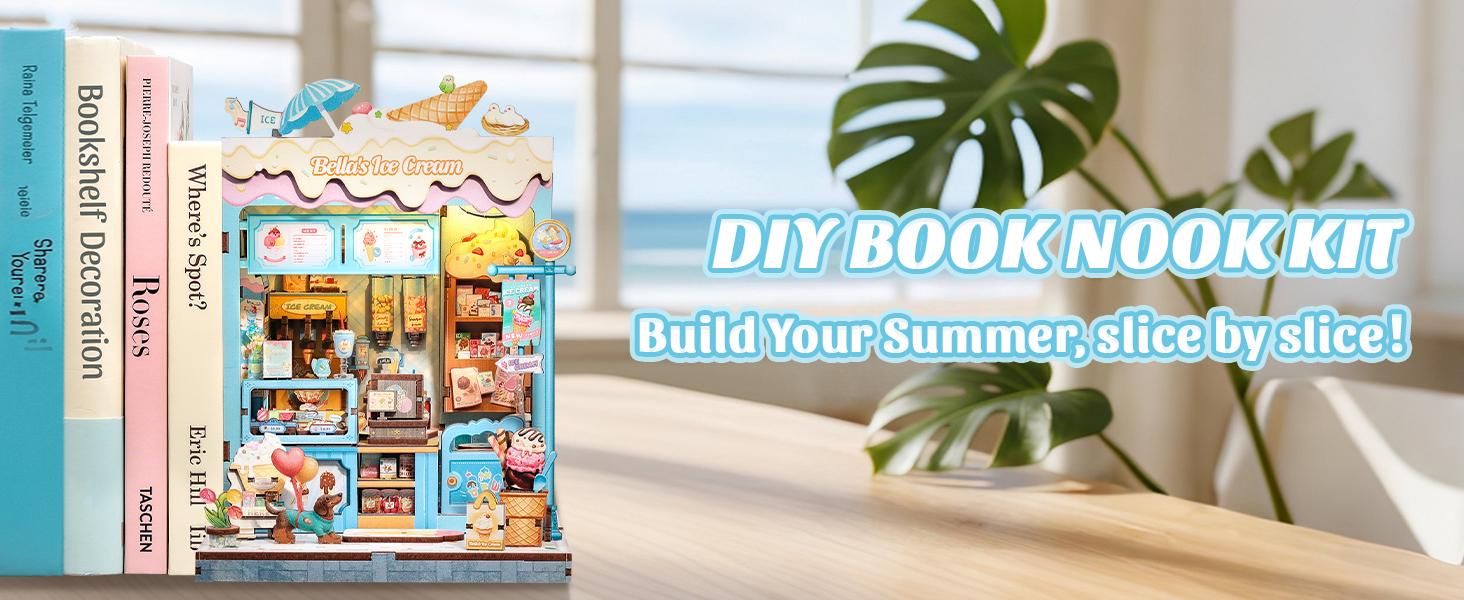 CUTEBEE DIY 3D Book Nook Kit Bella’s Ice Cream – Miniature Wooden Streetscape Shop with LED Light, Handmade 3D Dollhouse Decor | Holiday, Christmas and Black Friday Gift