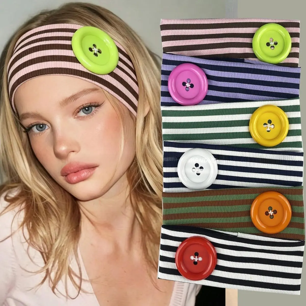 【AUTUMN NEW ARRIVALS】Y2K Colorful Stripe Button Knit Wide Headband Elastic Ribbed Hair Band Retro Dopamine Women Daily Sport Hair Accessories