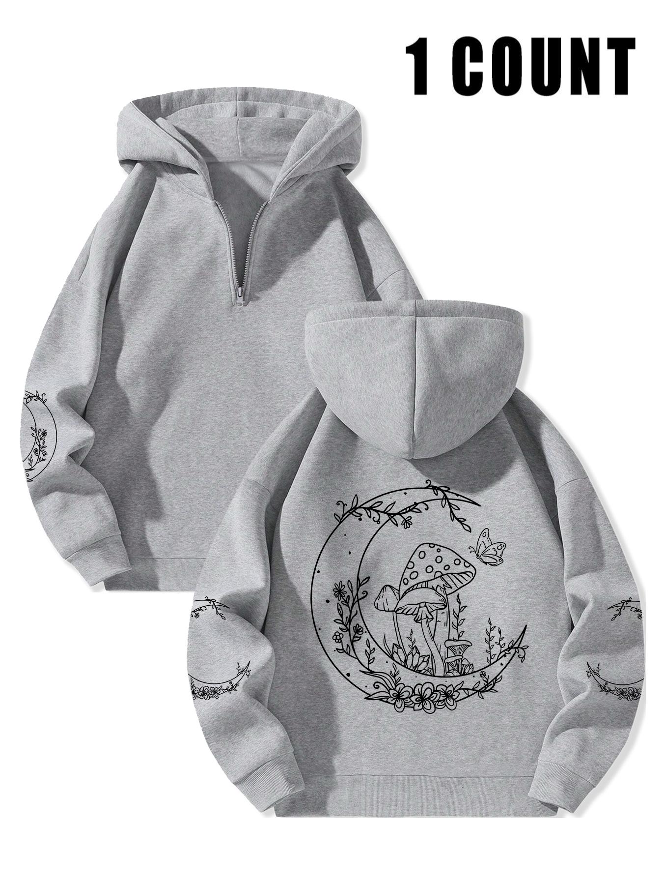 Women's Moon & Mushroom Print Drop Shoulder Hoodie, Casual Trendy Long Sleeve Hooded Sweatshirt for Daily Wear, Ladies Clothes for Fall & Winter