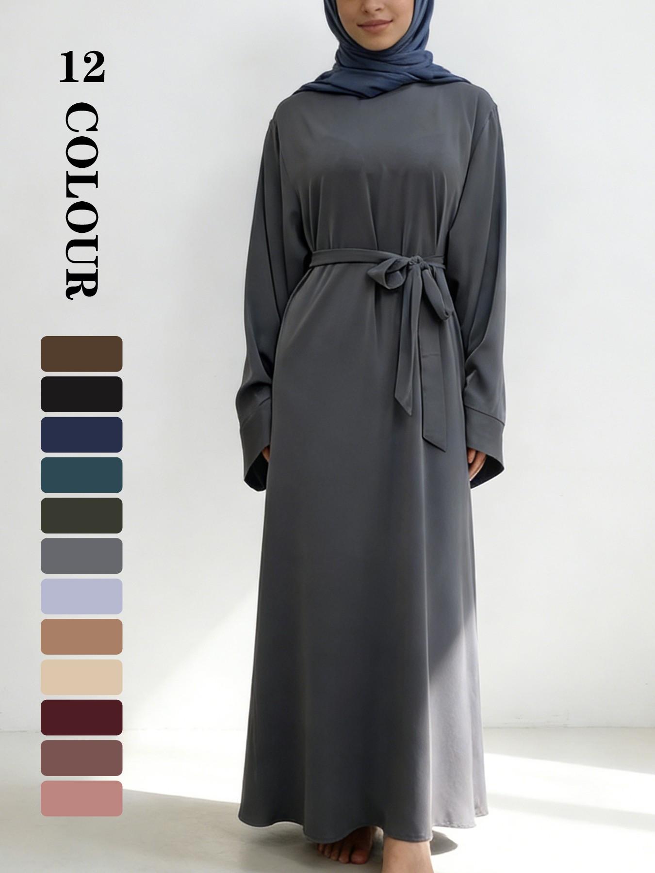 Muslim Modest Fashion Simple Nida High-Quality Long Sleeve Wide Sleeve Dress with Waist Belt, No Hijab Included, 12 Colors, 5 Sizes Available EID Ramadan Dress, Muslim Evening Dress