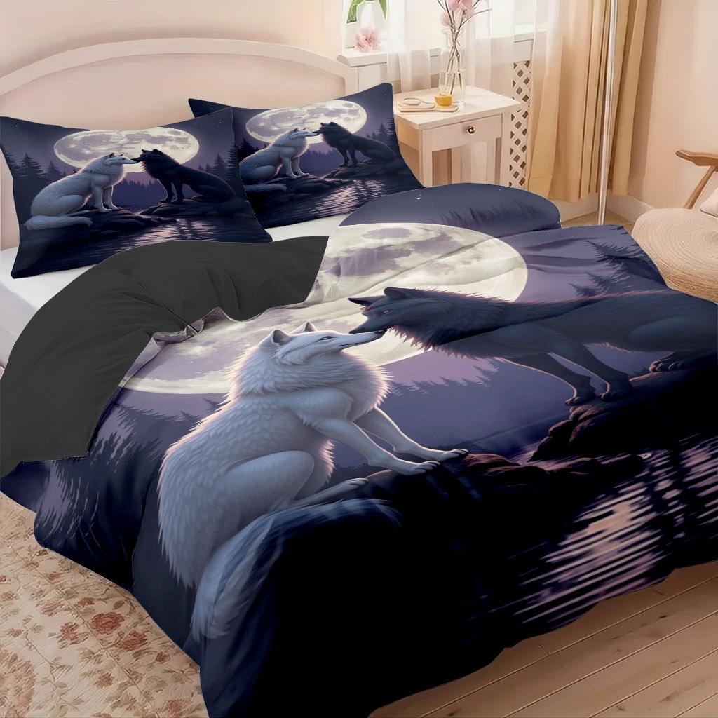 2/3 Pcs Wolf Shadow Theme Pattern Bedding Decorative Duvet Cover Set Under Moonlit Night (1* Duvet Cover +1/2* Pillowcase, Core-free), Machine Washable, Zipper Seal, Multiple Sizes Suitable For All Seasons, Suitable For Bedrooms,guest Rooms