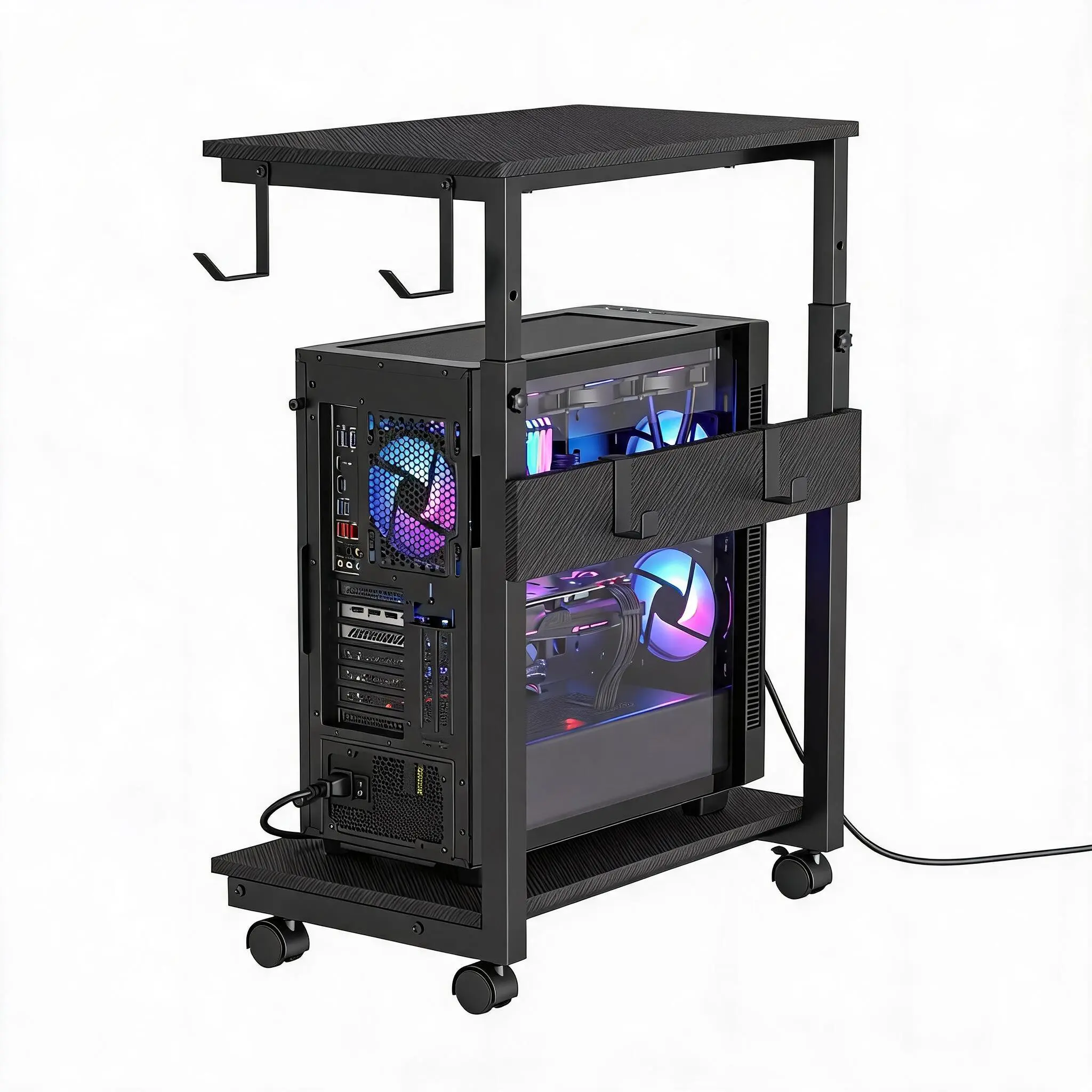 5-Level Height Adjustable Rolling CPU Cart with Locking Casters – Open Frame Ventilated Computer Tower Stand with Cable Management for Office, Home & Gaming – Peach Wood