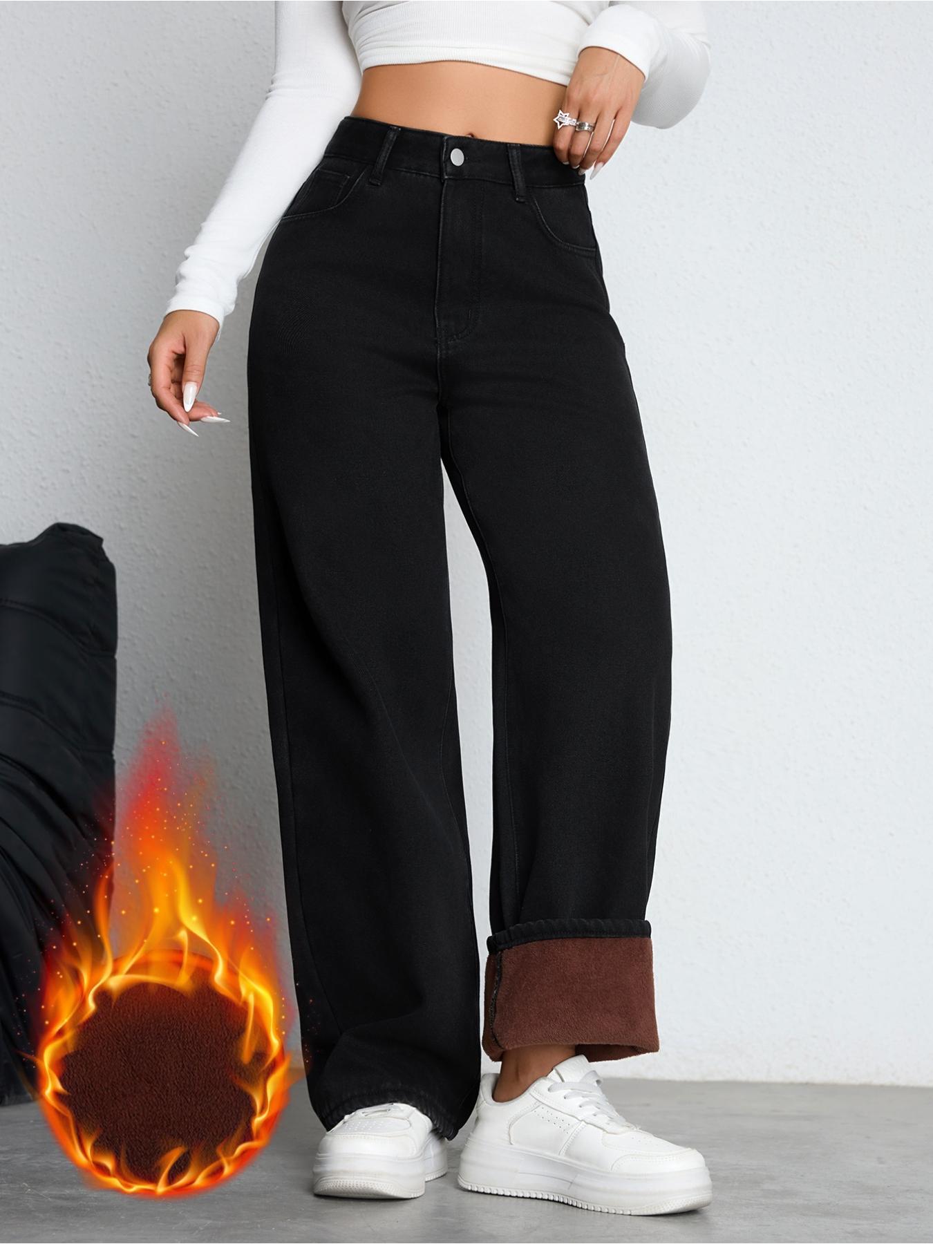 Women's Fleece Lined Thickened Fall Winter Wide Leg Jeans, Elegant Woven Fabric, Fashionable & Versatile, Chic, Straight Fit Denim Jeans, Bottom