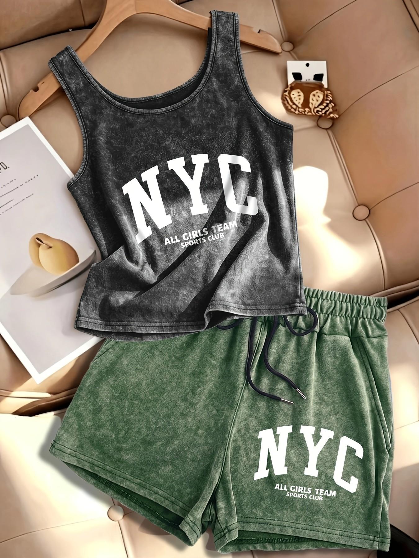 American Retro Vintage Washed Matching Set: U-Neck Cropped Sleeveless Racerback Tank + High-Waisted Drawstring Shorts – Available in Multiple Colors – A Must-Have Summer Set for a Casual, Trendy, Edgy Look.