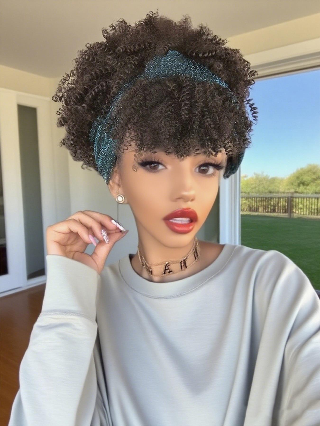 Two-In-One Curly Wig Set for Women, Voluminous Gradient Ponytail with Headband Scarf, Perfect for Festive Events