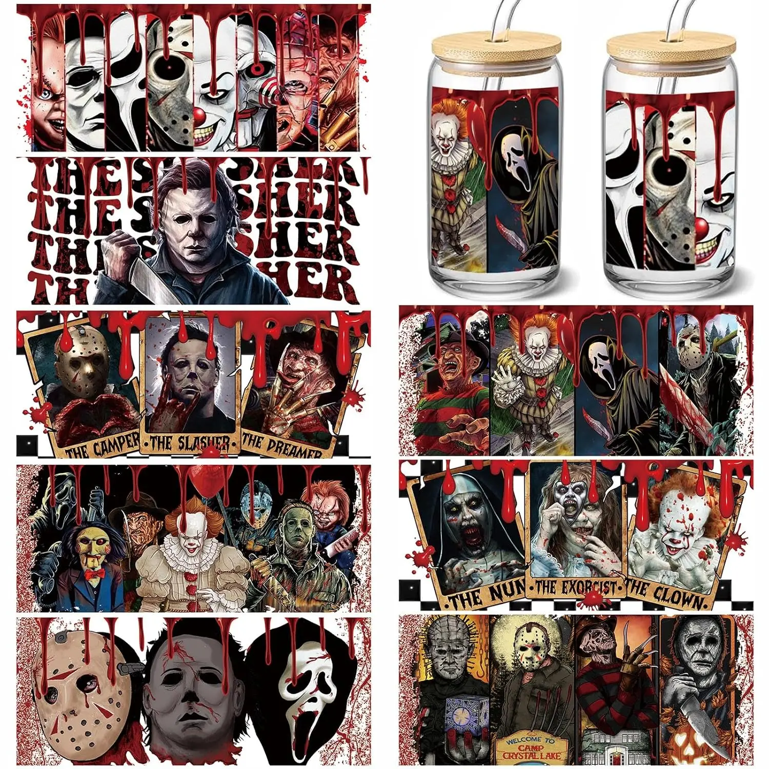 New 8 Sheets UV DTF Cup Wraps Sticker, Halloween Scary Movie Characters Rub On Transfers For Glass 16 Oz, Creative Festival Decoration, No Heat Needed Ready To Apply