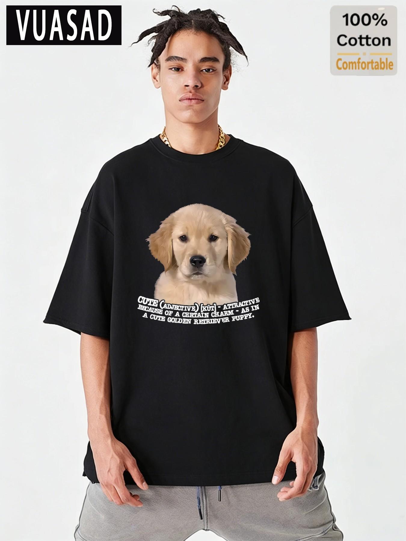 Adorable Golden Retriever Puppy Print Short Sleeve T-Shirt, Men's Loose-Fit Drop Shoulder Cotton Top, Casual Fashion Long Tee