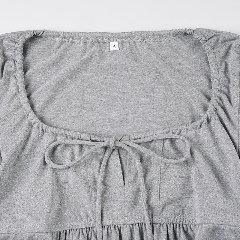 Women's Y2K Aesthetic Casual Solid Color Square Neck Long Sleeve Top Blouse, Loose-Fit Drawstring Ruched Design for Spring & Fall Fashion