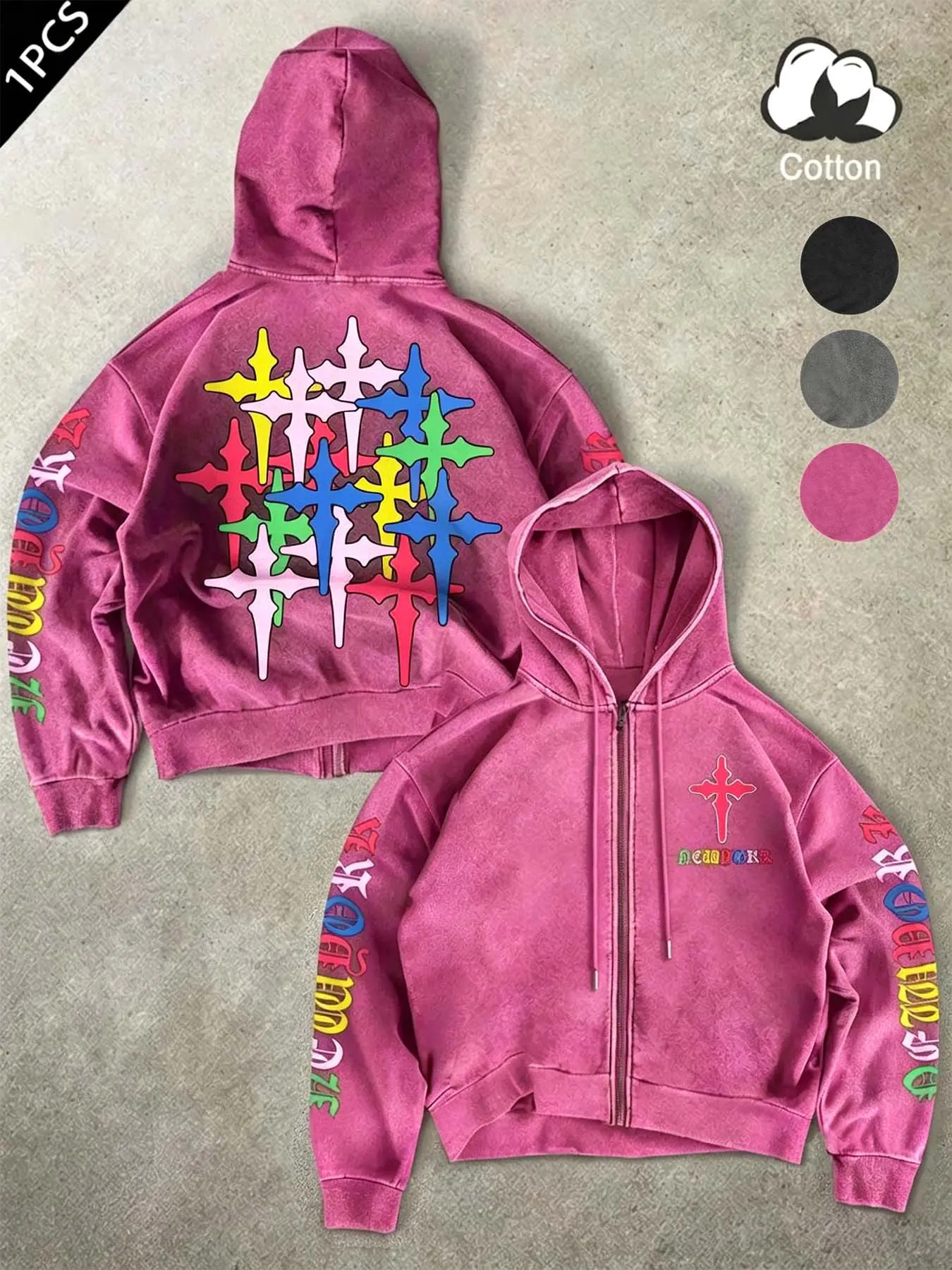 Washed Full Zip Hoodie, Cross Print, New York Gothic Letter, Unisex Retro Y2K Streetwear, Ideal for Skateboarding, Music Festivals, Urban Photography