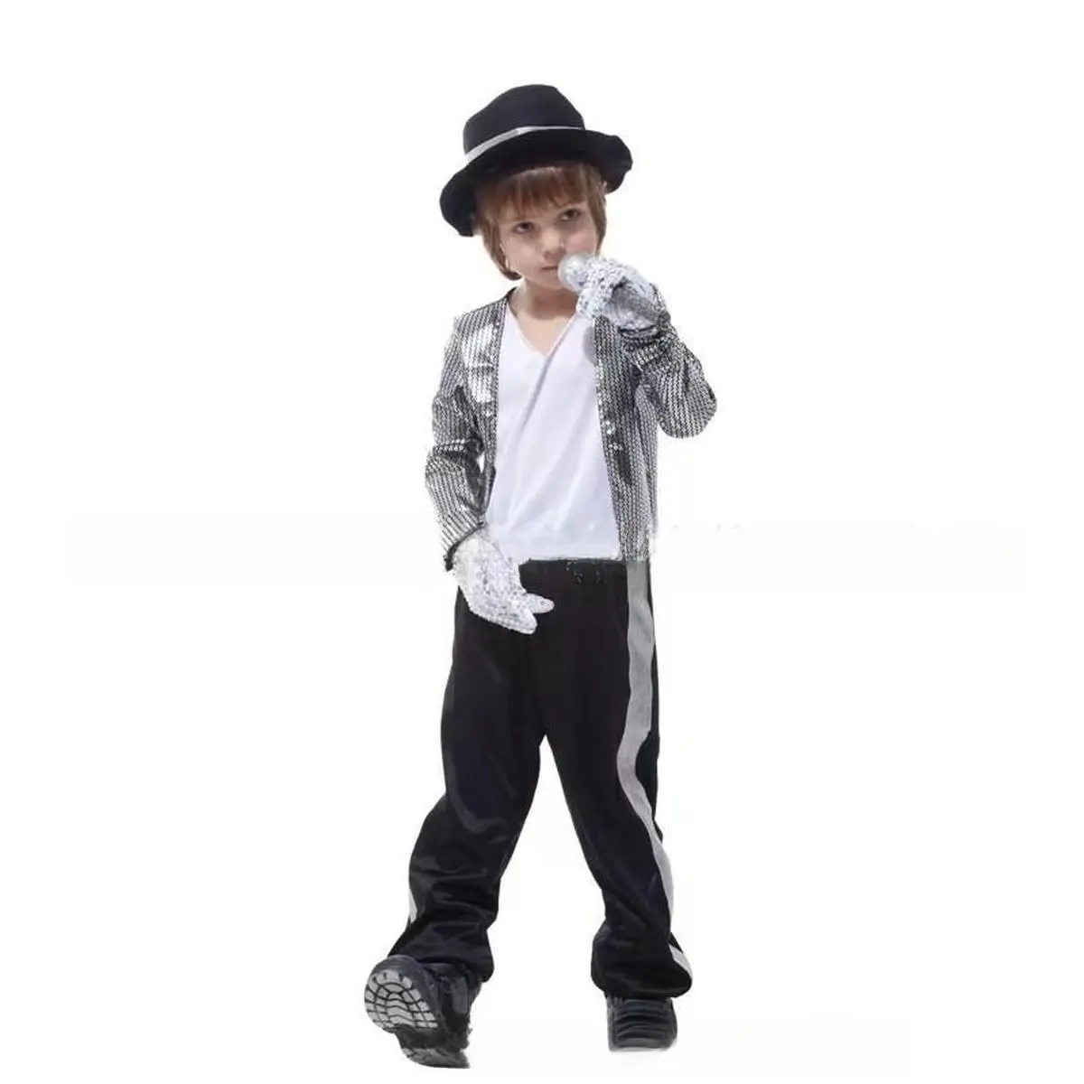 Boys' 80s Classic Pop Star Cosplay Costume - 4-Piece Colorblock Hip Hop Clothes with Hat & Gloves, Polyester Spandex Slim Fit Pants for Halloween, Cosplay Party, Stage Performance, Size M