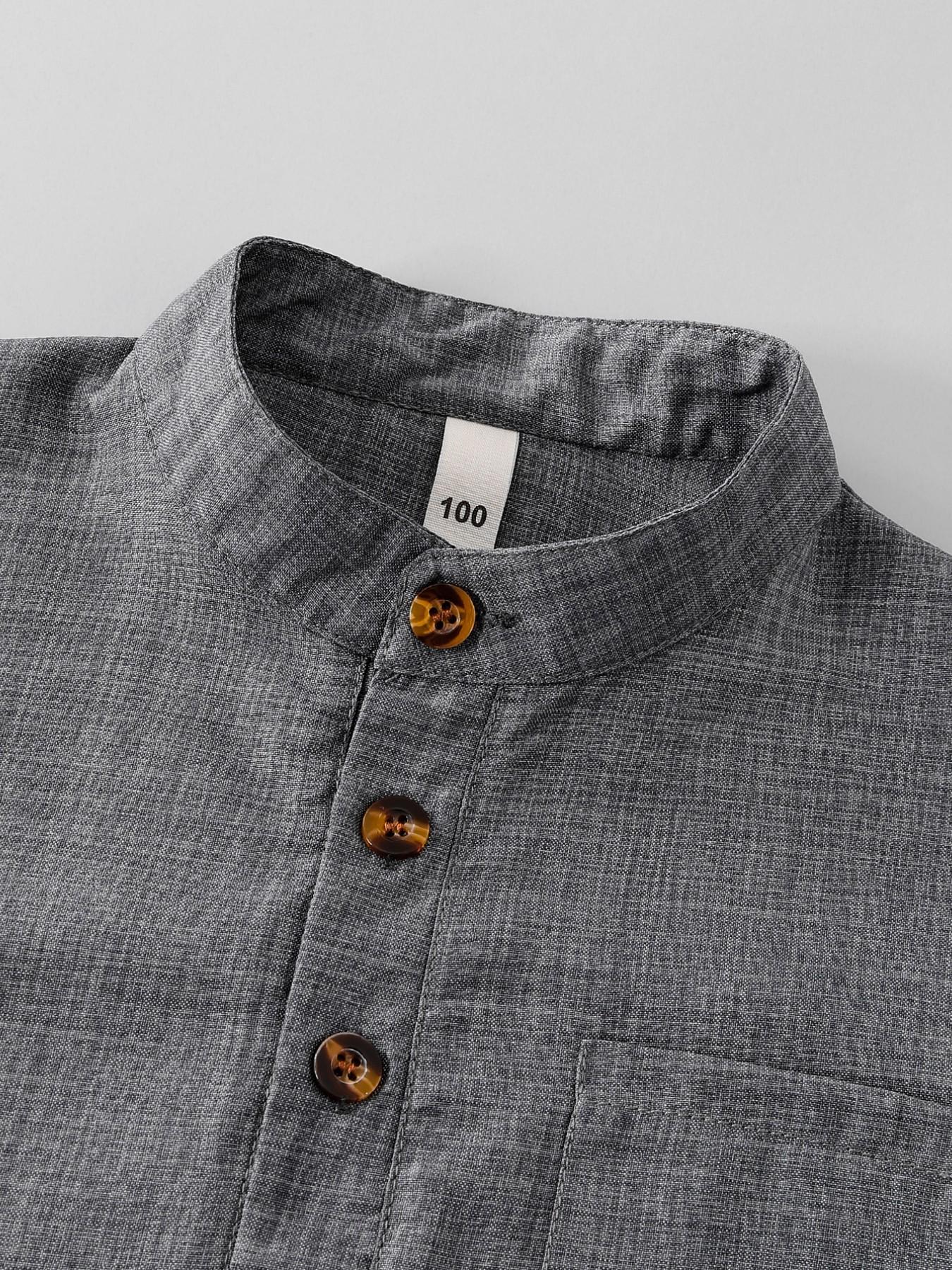 Boys' Summer Fashion Set, Stand Collar Short Sleeve Shirt with Button Half Open Front, Pocket Design, Lightweight Comfortable Shorts, 2-Piece Set