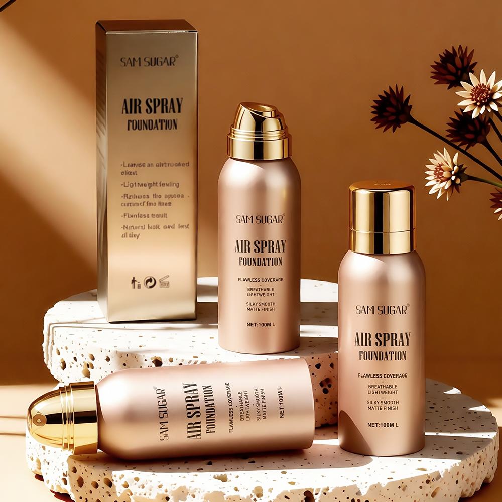 Sam Sugar Spray Foundation Liquid, Waterproof Skin-Friendly Long-Lasting Natural Lightweight Breathable Flawless Coverage Silky Smooth Matte Finish, Makeup Base