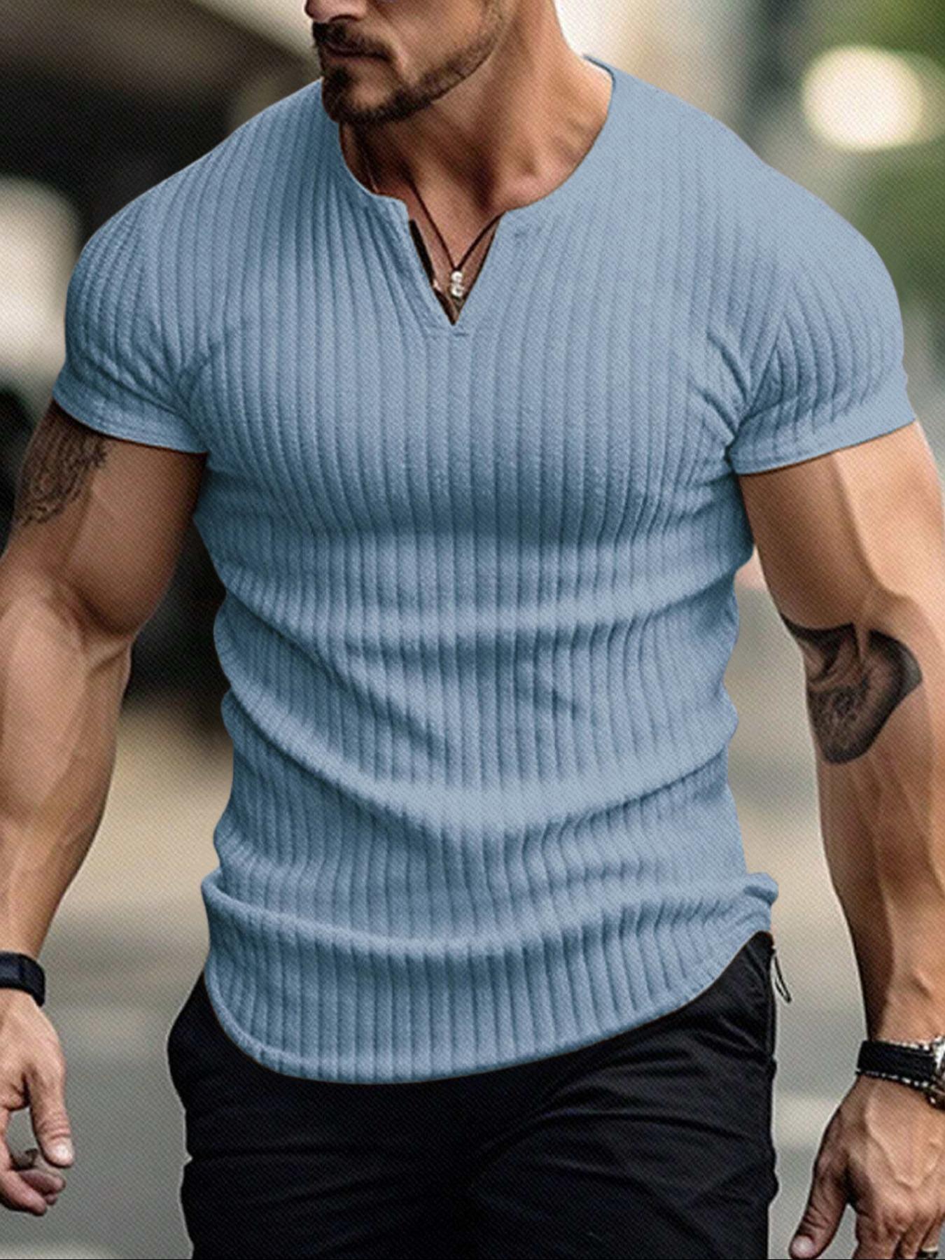 Men's Spring Summer Outfits Vertical Striped Textured V-Neck Short Sleeve T-Shirt for Daliy Wear, Gym Wear Solid Color Old Money Style, Casual Sporty Essential for Man's Wardrobe.