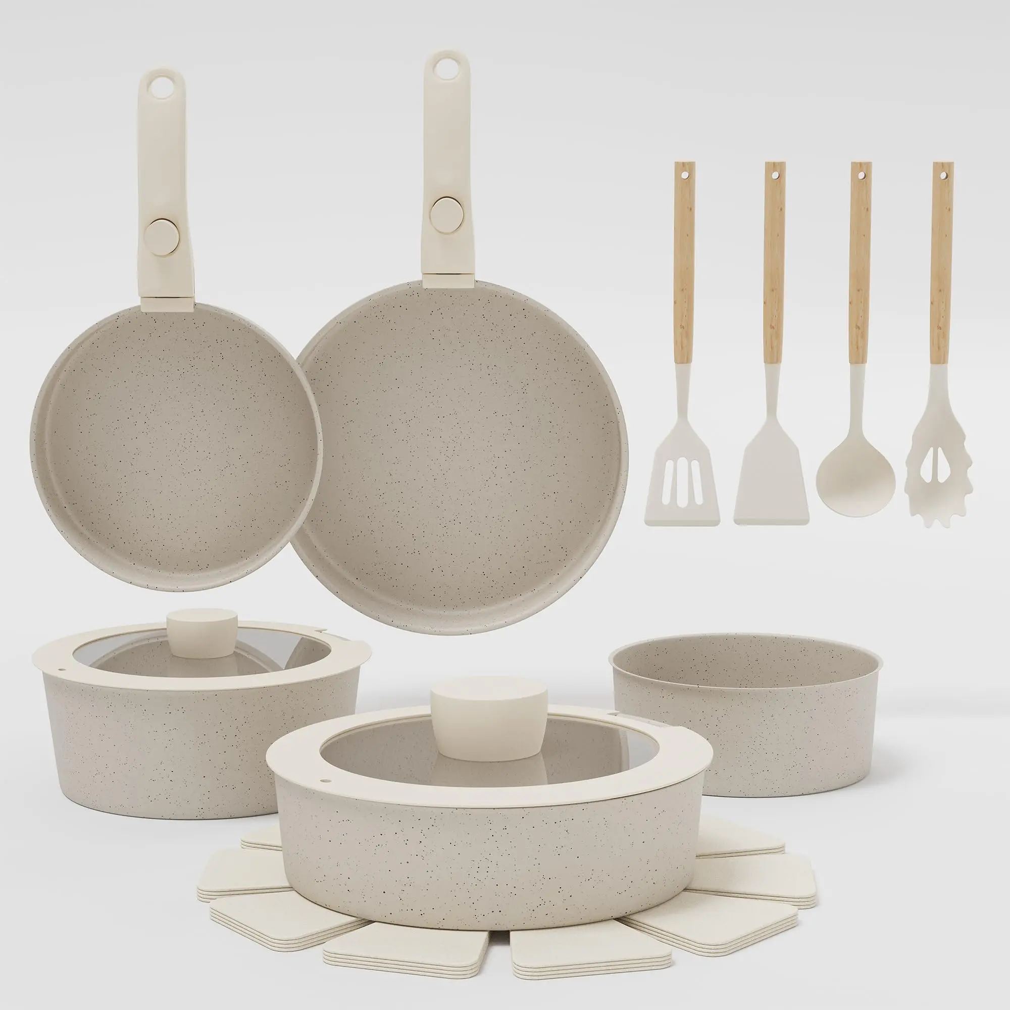 17-Piece Non-Stick Ceramic Cookware Set with Detachable Handles, Hard-Anodized Aluminum Pots & Pans, Induction Compatible, Oven & Dishwasher Safe, PFOA-Free Granite Coating