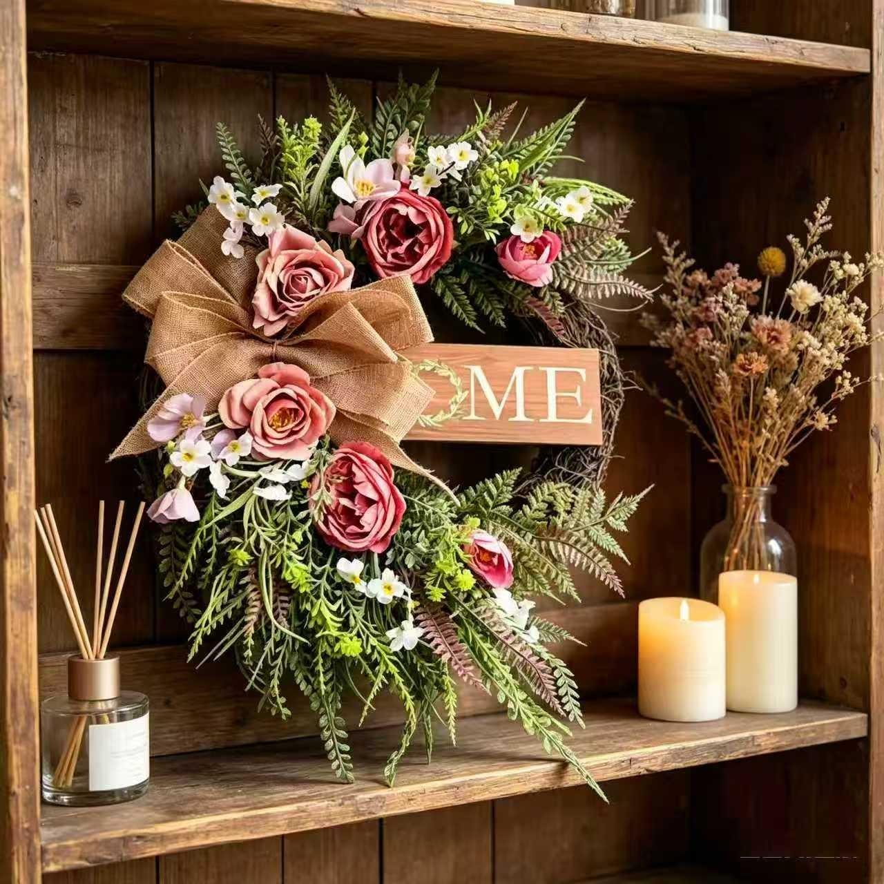 Neutral Color Farmhouse Style Wreath with Peony Flowers, Home Signboard, Hemp Cloth Bow, All-Season Decor for Porch, Living Room, Entryway