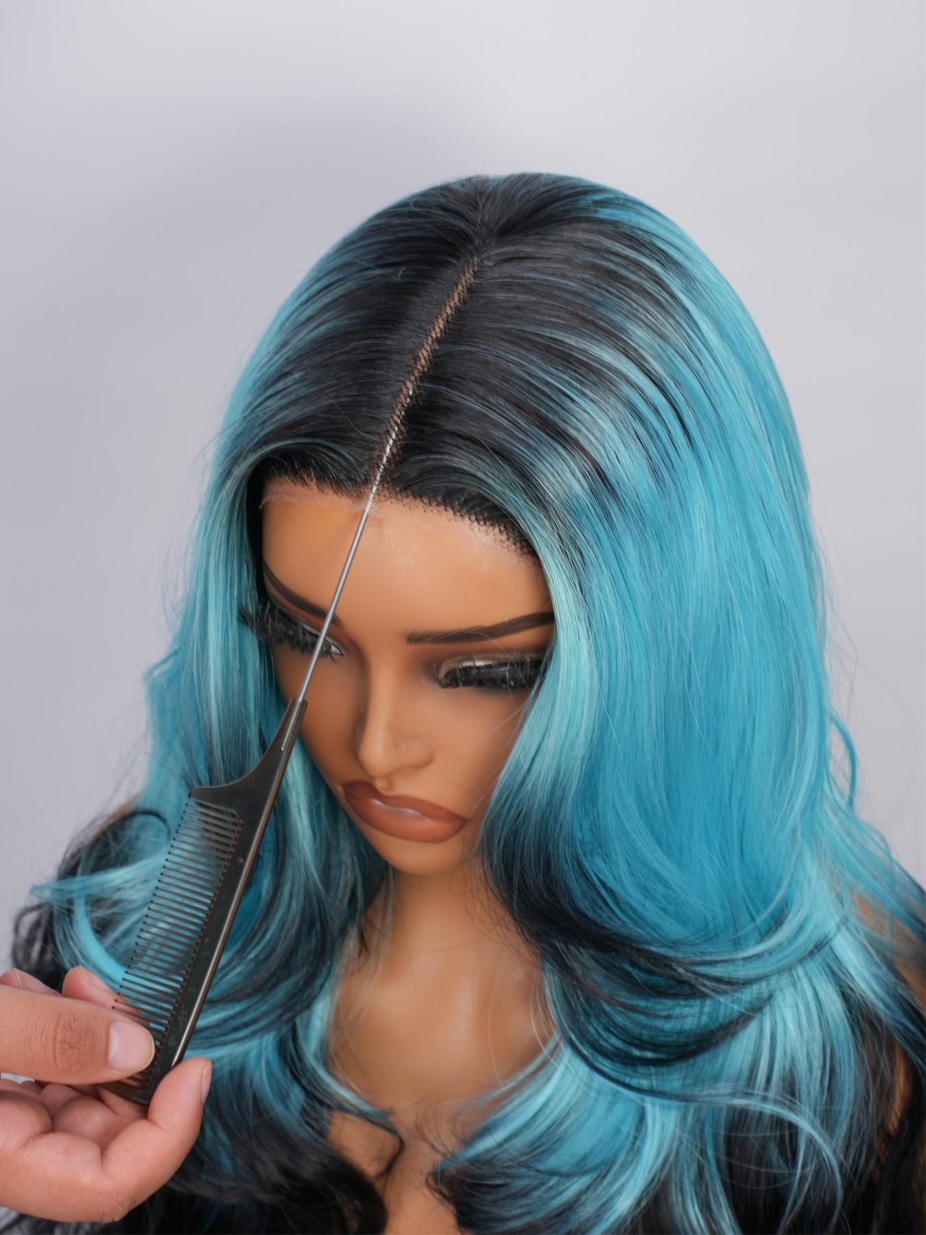 Voluminous Layered Design T-part Wig, Long Body Wave Black To Light Blue Ombre Wig, Fashion Synthetic Hair Wig For Y2K Lovers & Drag Queens, Fit Daily Wear, Themed Party, Cosplay Shooting