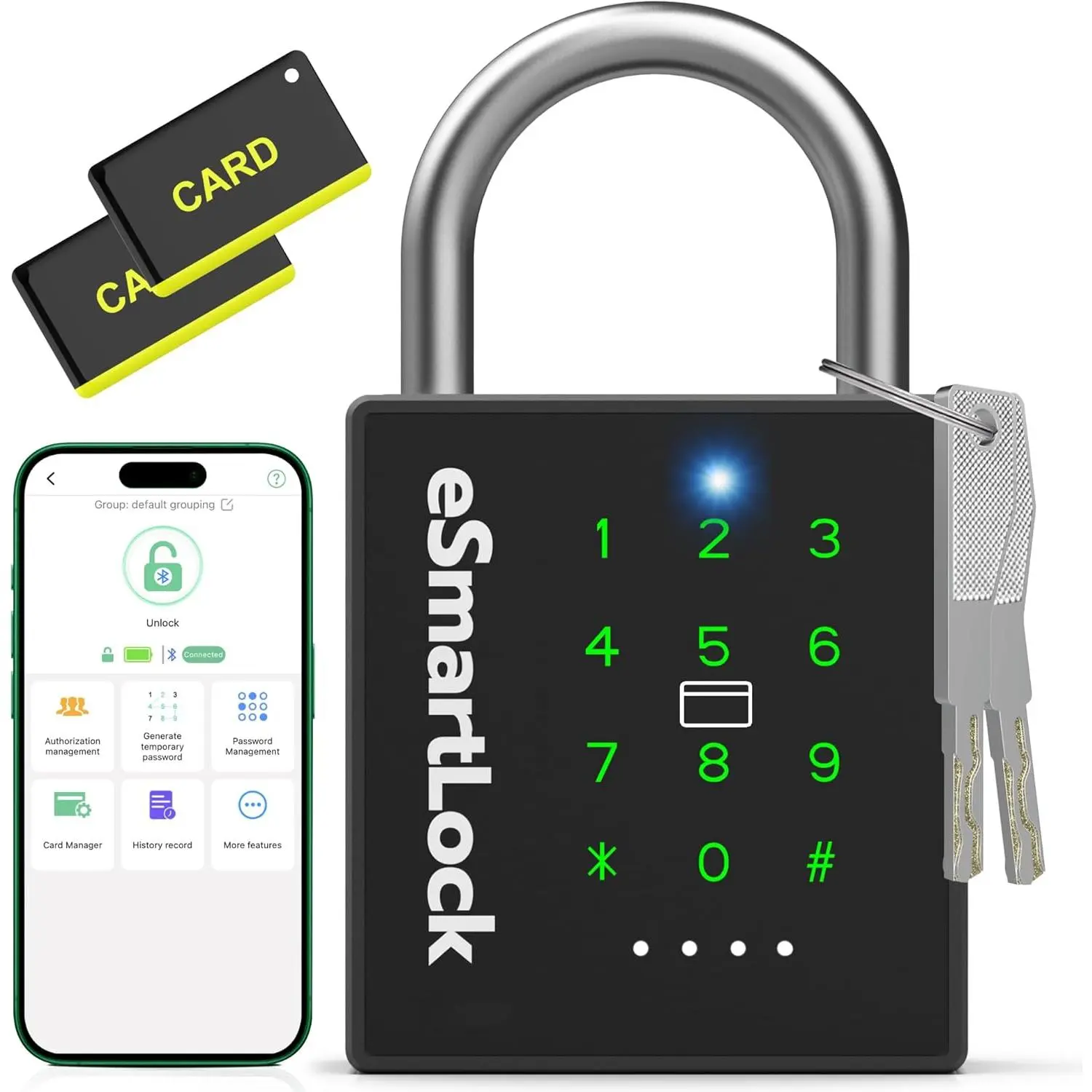 Padlock with Key, Heavy Duty Combination Padlock, RFID Pad Lock with Codes  APP Access, Outdoor   Key Lock for Gate Fence Shed Locker Garage Garden
