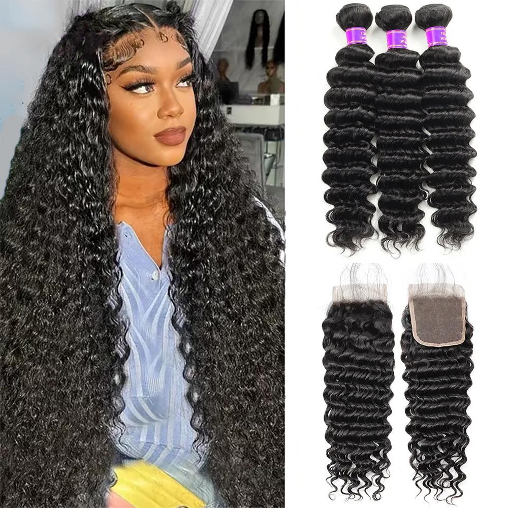 Brazilian Deep Wave Bundles With Closure Virgin Human Hair Bundles With Closure Quick Weave Extensions
