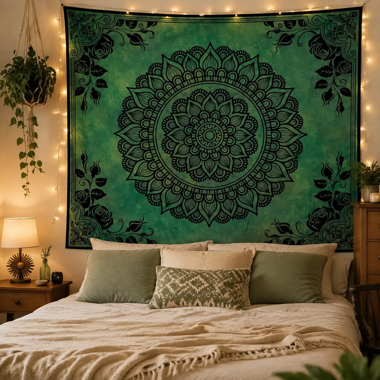 Boho Mandala Tapestry Wall Hanging, Green Floral Hippie Tapestry for Bedroom Living Room Dorm Decor, Large Nature Inspired Wall Art