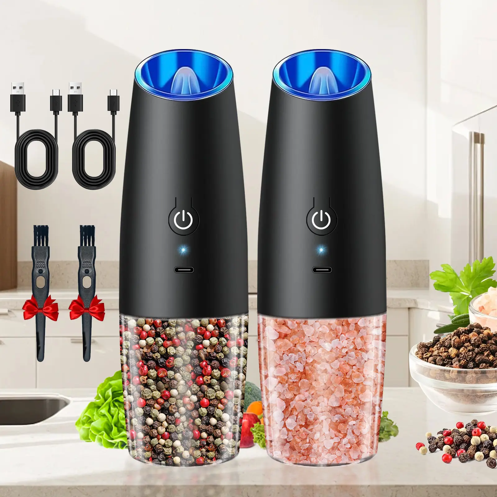2 Pcs Rechargeable Electric Salt and Pepper Grinder set, Gravity Electric Salt Pepper Mills with Adjustable Roughness & LED Light, Automatic Pepper Shakers