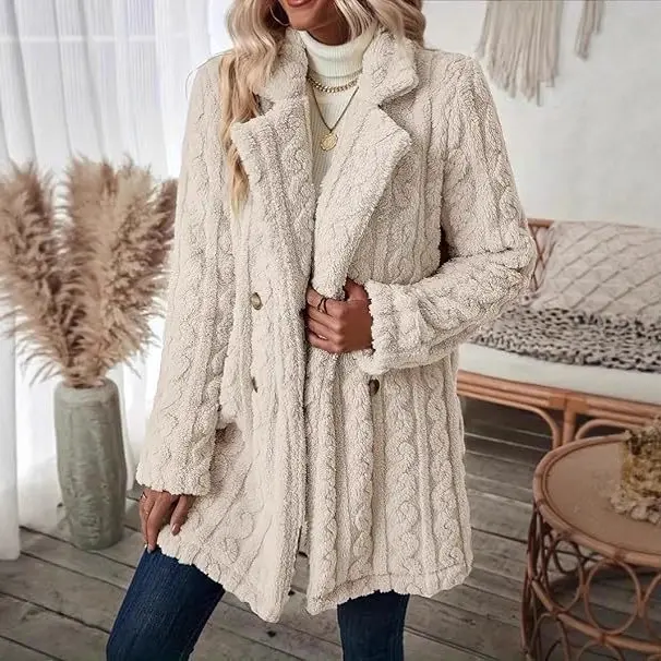 Women's Cable Knit Blazer Coat, Long Sleeve Lapel Collar Button Front Jacket, Textured Mid Length Cardigan Coat, Casual Warm Fall Winter Outerwear for Women