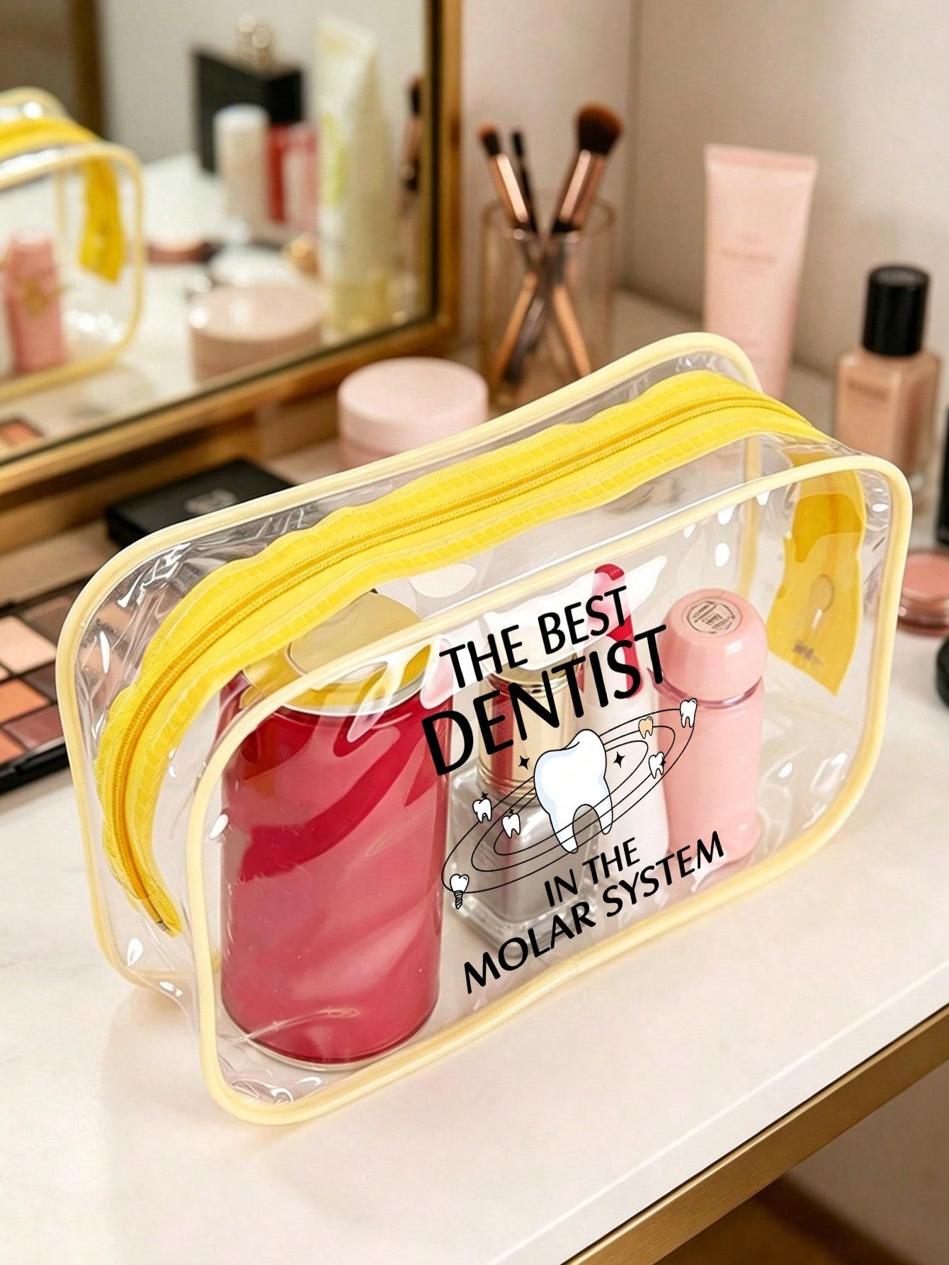 Clear PVC cosmetic bag with fun "Galaxy's Best Dentist" print. Waterproof and portable with zipper. Ideal for dentists, dental students and oral care lovers for work, travel and beach use.