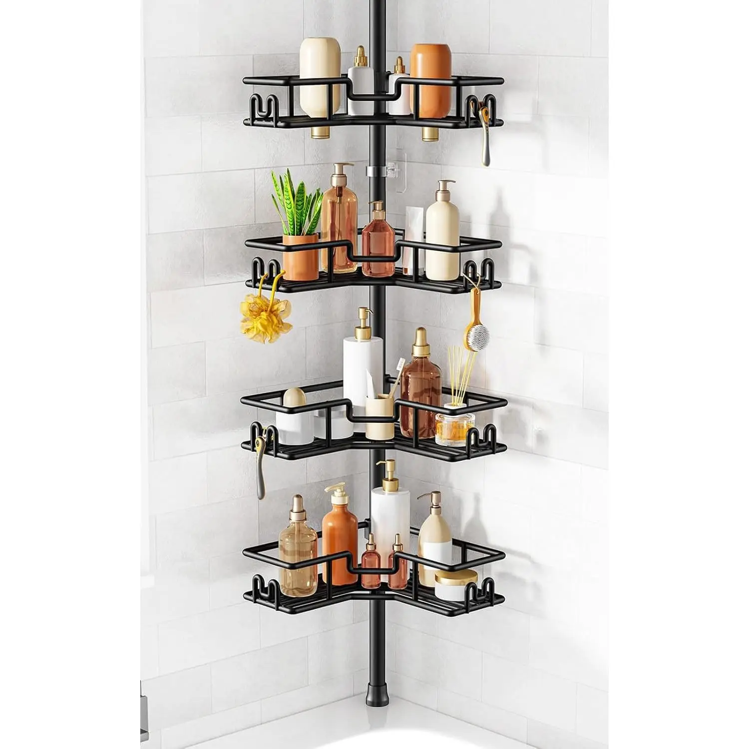 Black Tension Pole Shower Caddy - 4-Tier Adjustable L-Shaped Shower Organizer, Heavy-Duty Rustproof Corner Shelves, No-Drilling Space-Saving Storage Rack for Renters, 47.72-123.6 in
