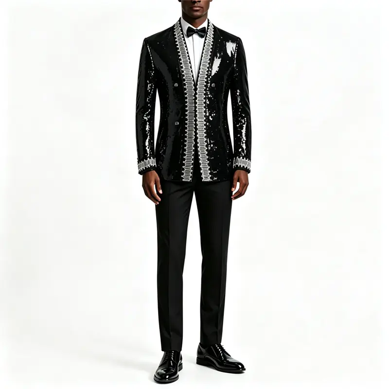 Men's Sequined Suit Men Black Full Sequin Blazer Silver Rhinestone Trim Double Breasted Open Front Tuxedo Jacket Slim Fit Stage Performance Party Wedding Prom Suit Coat