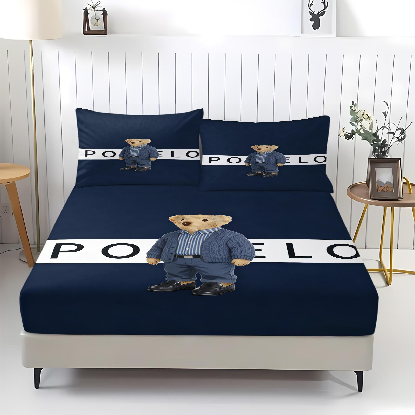 Teddy Bear Pattern Bed Sheet, Comfortable Printed Pattern, Includes 1 Bed Sheet and 2 Pillowcases, Comfortable Bedding, Non slip Dust Cover Suitable for Bedroom and Guest Room, Suitable as a Gift for Children or Adults, Bedsheet