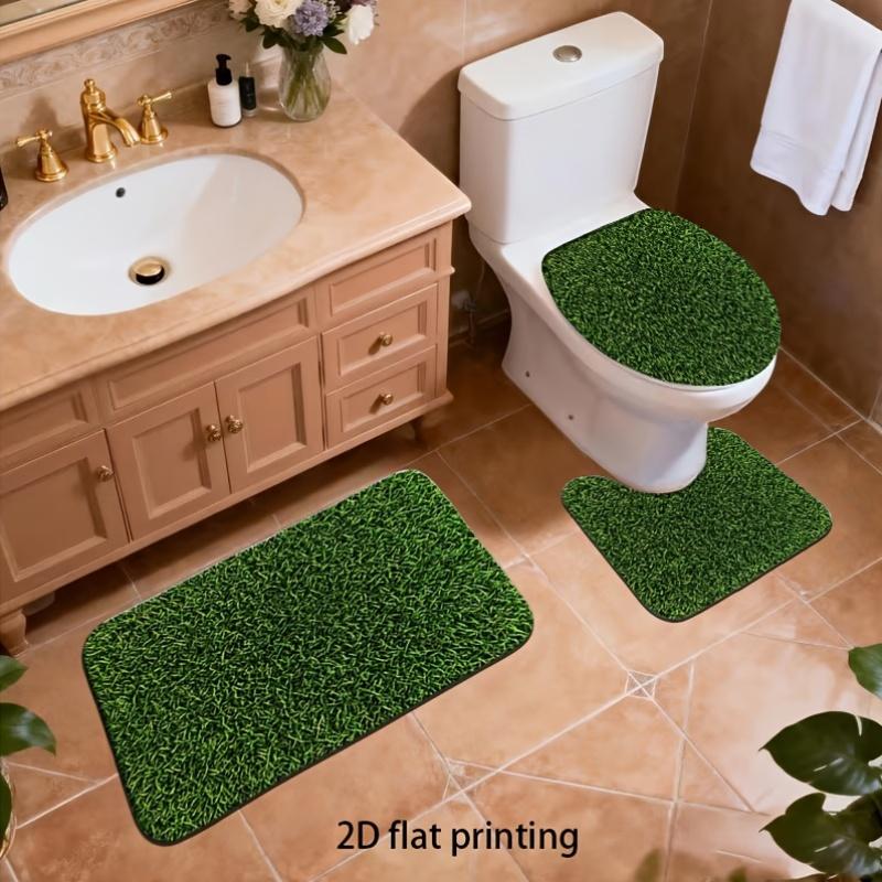 2D Flat, 2D Flat, 2D Flat Printing, 3pcs Lawn Grass Pattern Bathroom Mat And Carpet Set, Toilet Lid Mat, Toilet U-Shaped Pad, Fleece Material, Soft Surface