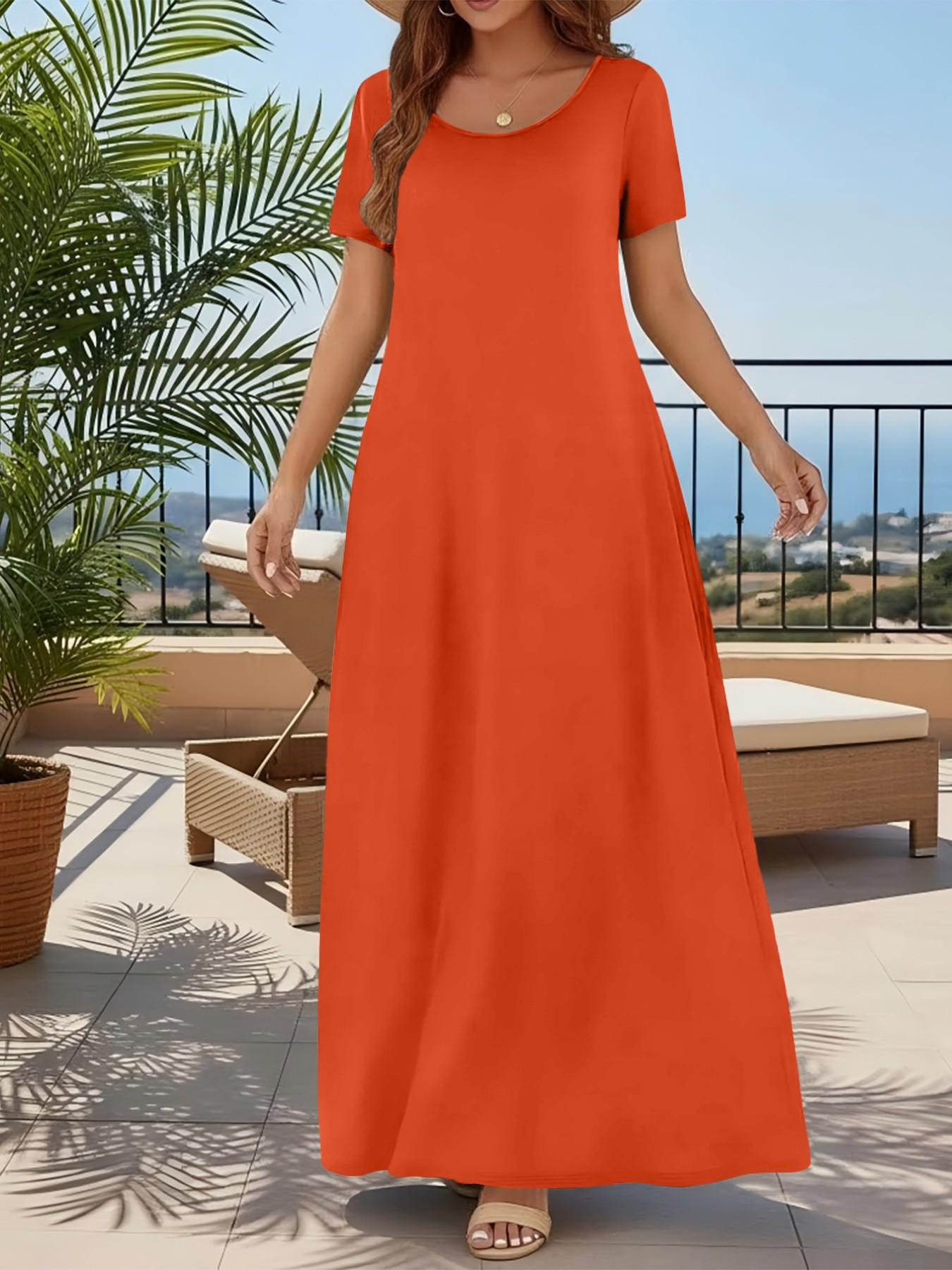 Women's Casual Commuter Plain Minimalist Short Sleeve Dress with Pockets, Loose Fit Summer & Fall, Essential Beachwear