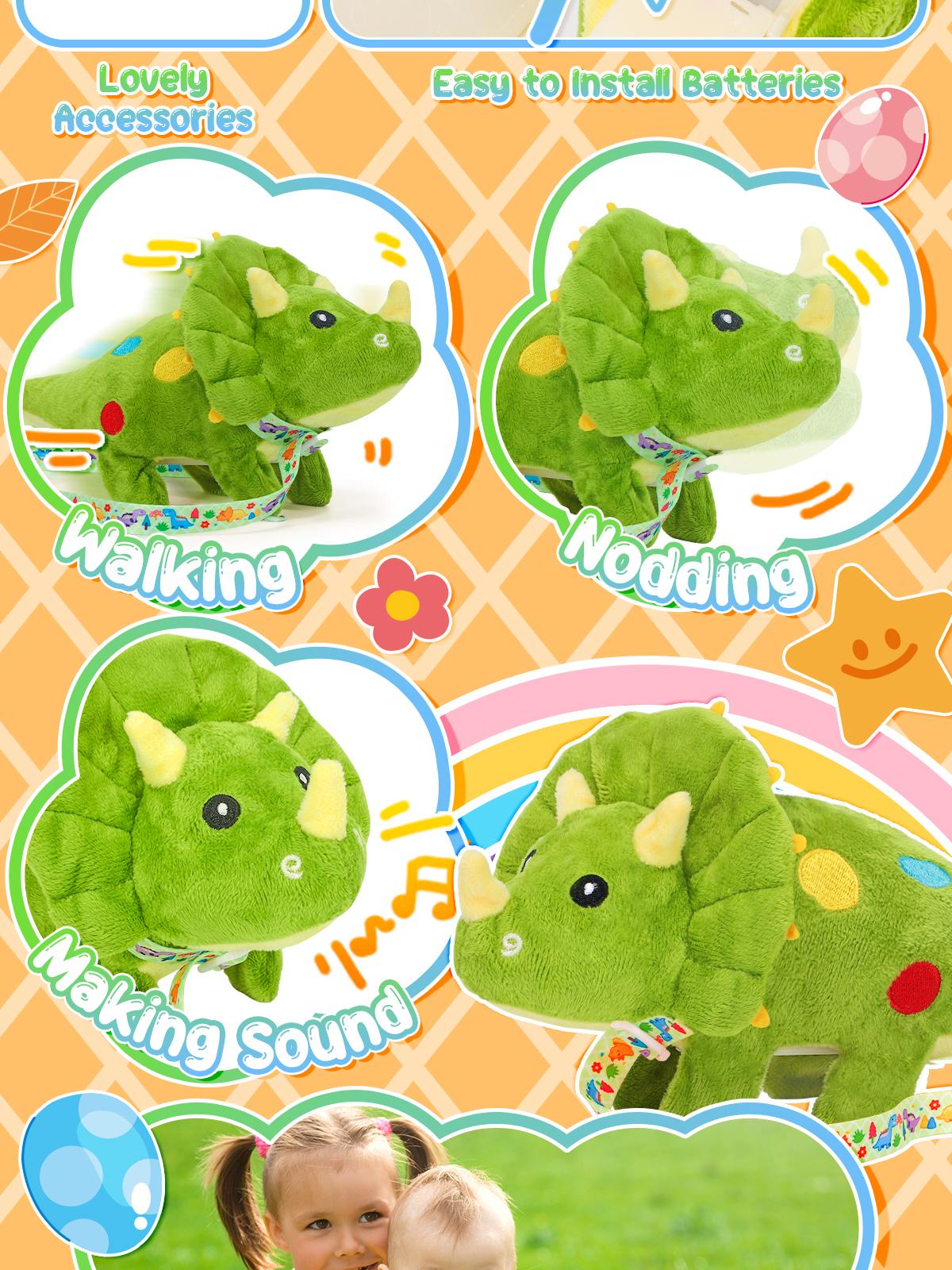 Plush Toys Dinosaur Stuffed Interactive Electronic Pet That Walking,Head Nodding,and Making Sound,Soft Plush Triceratops Toys with Egg and Leash