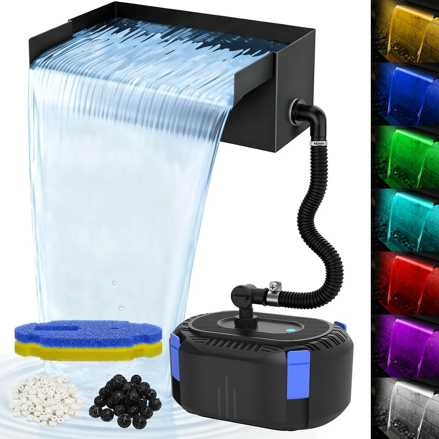 Pond Waterfall Kit with Lights | 8" Stainless Steel Waterfall Spillway & 550GPH Water Pump | 4-Stage Filtration | Remote Control LED | for Pond, Pool, Backyard | for 200-500 Gal Water