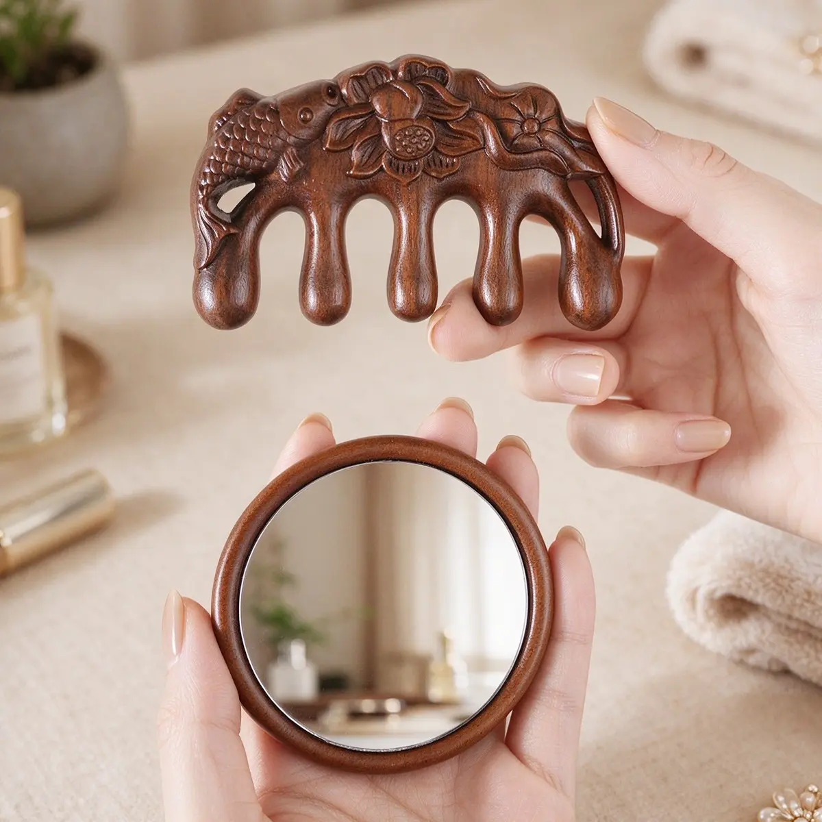 2pc Wooden Mini Portable Comb Mirror Set, Carved Peony Hair Brush with Round Mirror, Wide and Fine Tooth Combs, Koi Lotus Design, Gift for Women