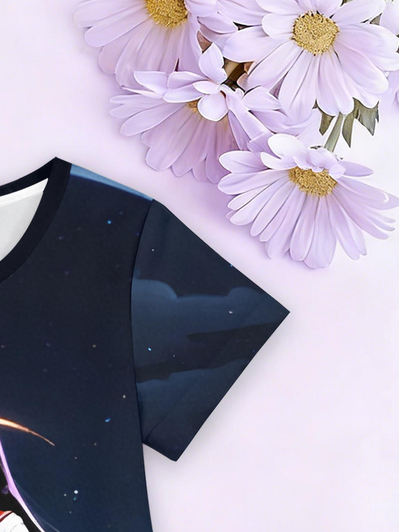 Girls' 3D Short Sleeve Dress, Sailor Moon Mars Full Moon Print, Perfect for Parties, Festive Gifts, Birthday Presents