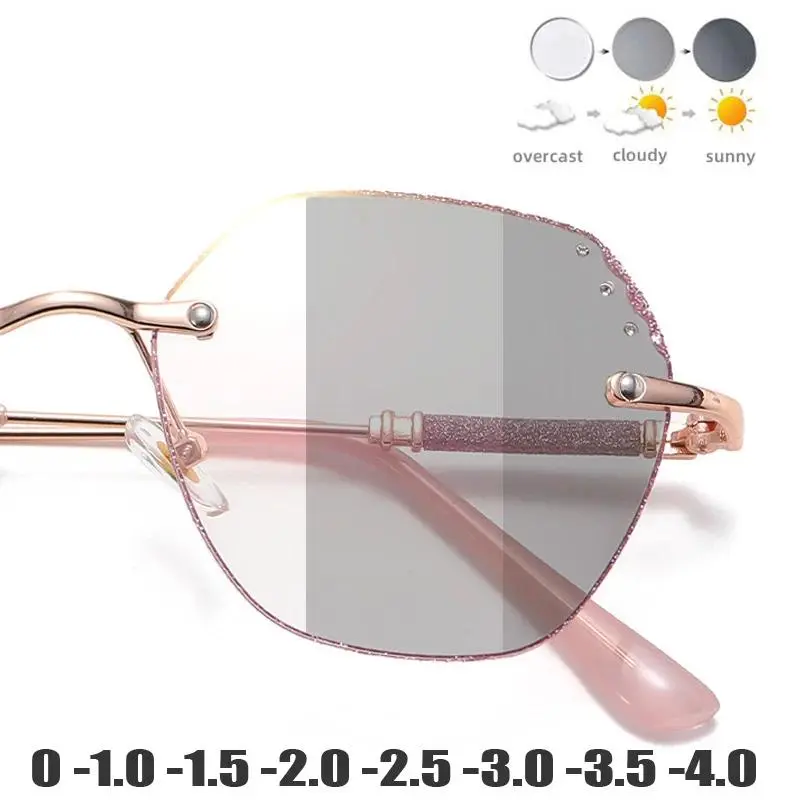 Oversize Rimless Photochromic Myopia Glasses for Women  Twinkling Anti-blue Light Near Sighted Eyewear UV Goggle Shades 0 to-4.0