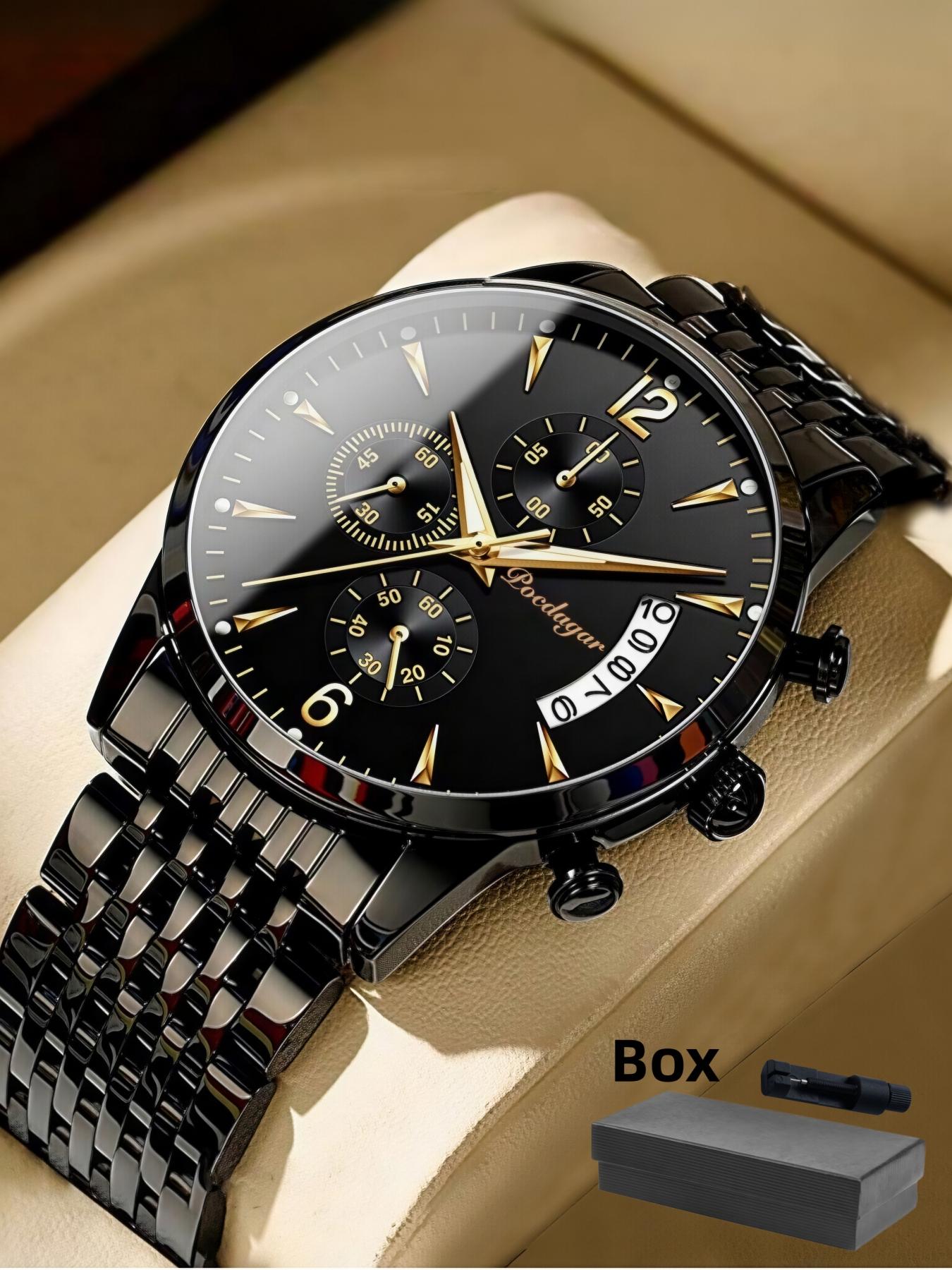 Men's Watch 30m Waterproof Business Fashion Gold Stainless Steel Strap Calendar Quartz Wristwatch Movement Luminous Fashionable Dial Gift for Father's Day Valentine's Day Water Resistant Watch