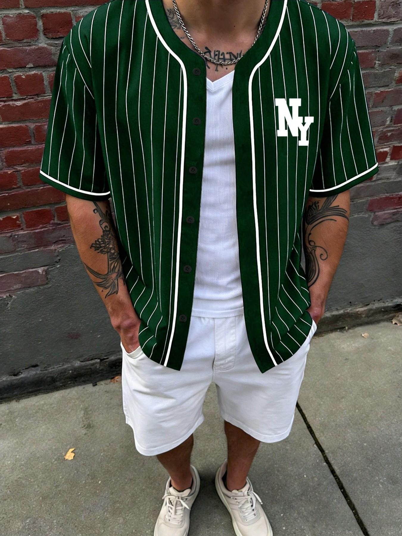 Aesthetic Style Men's New York Sporty All-Over Print Button-Up Baseball Shirt, Casual Striped Knit Fabric, Ideal for Outdoor Activities, Casual Sporty Top