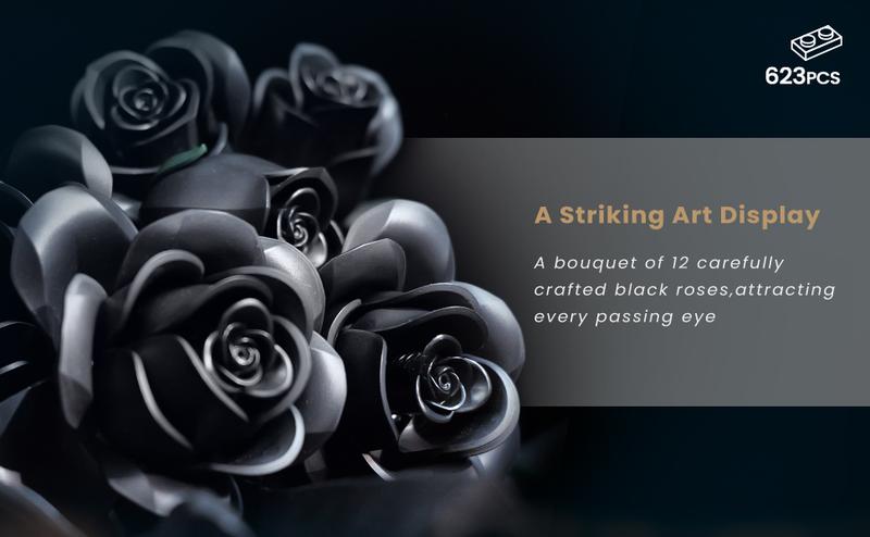 Product Introduction of Supreowls Black Rose Flower Bouquet Building Set, Black Rose Botanical Collection Blocks Kit Compatible for Adults Women, Artificial Flowers Gothic Decor for Valentine's Day & Halloween 10