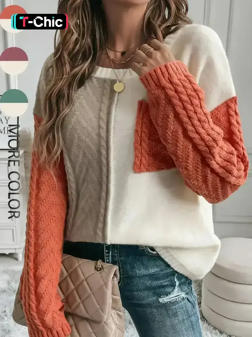 Women's Colorblock Plaid Graphic Knitted Drop Shoulder Sweater Tops, Casual Fitted Long Sleeve Round Neck Washed Pullover Jumper for Fall & Winter, Fashion Ladies' Knitwear Womenswear for Daily Wear, Fashion Knitwear Clothing