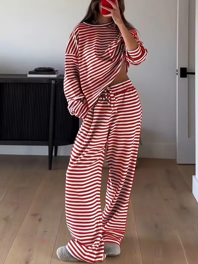 Women's Striped Casual Set, Long Sleeve Loose T-Shirt and Pants, Spring and Fall Home Wear, Leisure and Sports