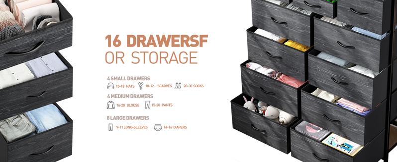 【Spring Refresh】Raybee Furniture 16 Drawer Dresser, Tall Fabric Storage Organizer with Sturdy Metal Frame and Wooden Top, Large Capacity& Space Saving Storage Organizer Unit, Modern Chest of Drawers for Bedroom Closet Entryway, Easy to Assemble & Clean