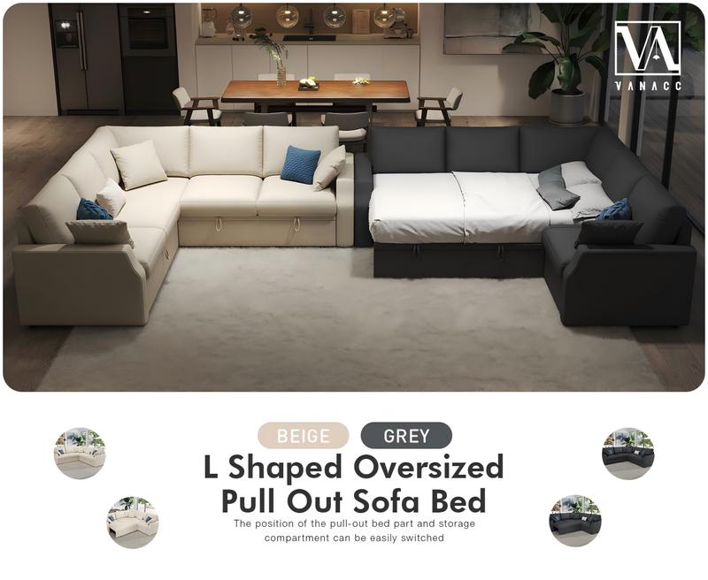 [Ships in 2 Boxes]VanAcc Modern Linen Sofa Bed with 3 Throw Pillows, 85 Inch Upholstered Sleeper Sofa with Pull Out Sofa Bed, L Shaped Sofa Couch with Storage Seat, Sectional Couches for Living Room, Apartment