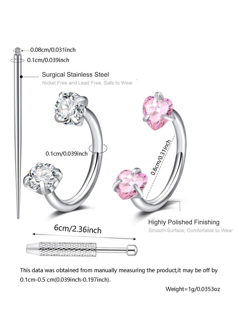 Cz Stainless Steel Nose Ring, Heart Design, 8mm Inner Threaded Hoop, Suitable for Cartilage, Tragus, Lobe, Lip Piercing Jewelry, Body Jewelry
