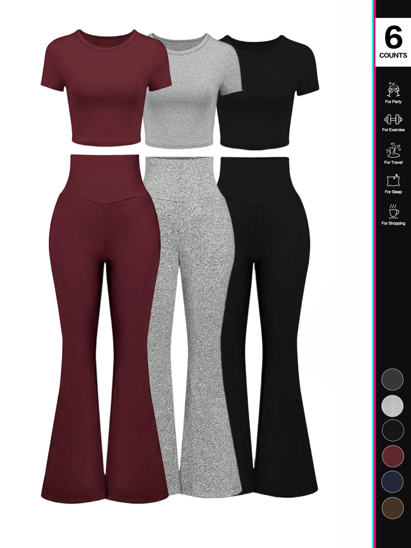 Women's Solid Loungewear Set, Casual Short Sleeve Crop Top & High Waist Flare Leg Pants, Ladies Sleepwear for All Seasons, Pajama Set