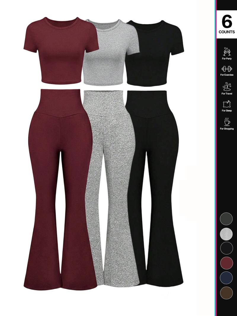 Women's Solid Loungewear Set, Casual Short Sleeve Crop Top & High Waist Flare Leg Pants, Ladies Sleepwear for All Seasons, Pajama Set