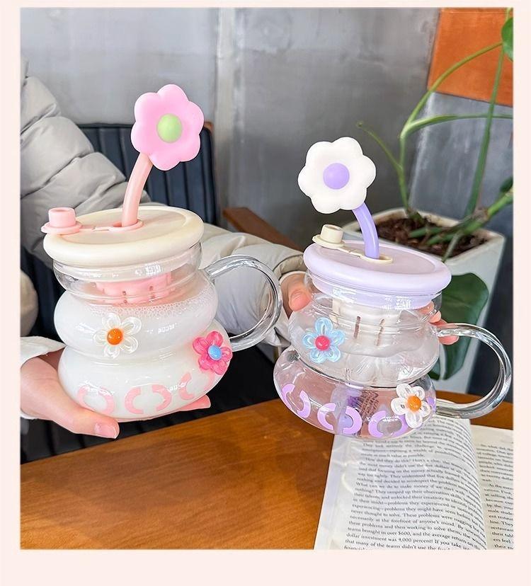 Cute Flower Glass Mug Cup with Flower Straw, Supports Straw Drinking and Direct Drinking, Meets Different Drinking Needs, Perfect for Everyday Use, Drinkware
