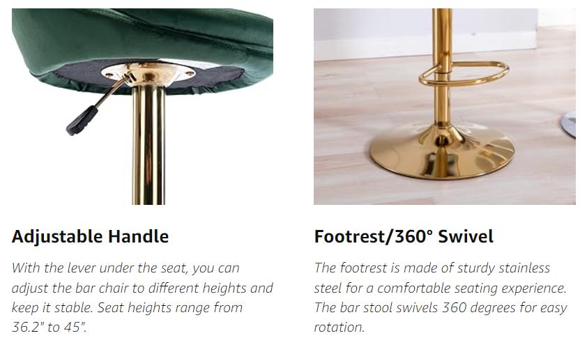 CHAIRUS Counter Height Bar Stools Set of 2, Swivel Velvet Bar Stools Adjustable Bar Chairs with Open Back, Upholstered Kitchen Island Stools with Gold Legs for Home Bar, Pub, Bistro, 24-33 Inch Green CHAIRUS Counter Height Bar Stools Set of 2, Swivel Velvet Bar Stools Adjustable Bar Chairs with Open Back, Upholstered Kitchen Island Stools with Gold Legs for Home Bar, Pub, Bistro, 24-33 Inch Green