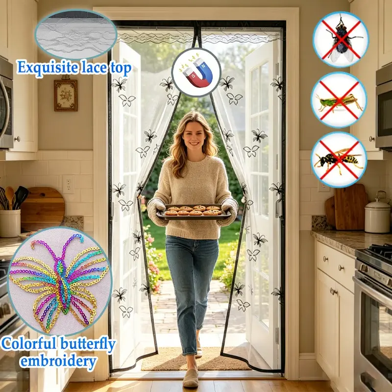 Magnetic Mosquito Screen Door, Self-Adhesive Mesh Curtain, Butterfly Embroidery, Auto-Close, Pet-Friendly, Home Entry Door, Magnetic Closure Door